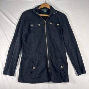 Ralph Lauren Full Zip Cardigan Jacket Womens S Black 100% Gold Button Old Money